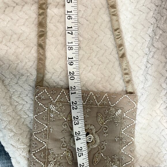 Cottage Core Tan Small Beaded Cloth Bag Boho Chic EuroSummer - Picture 7 of 8